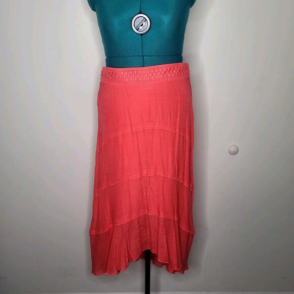 Coral Hi‎ Lo Chiffon Peasant Fairy Boho Cottage Tiered Broomstick Maxi Skirt XL - Picture 1 of 8